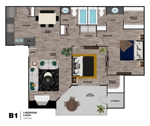 Floor plan for 2 beds, 2 baths, 1007 sqft